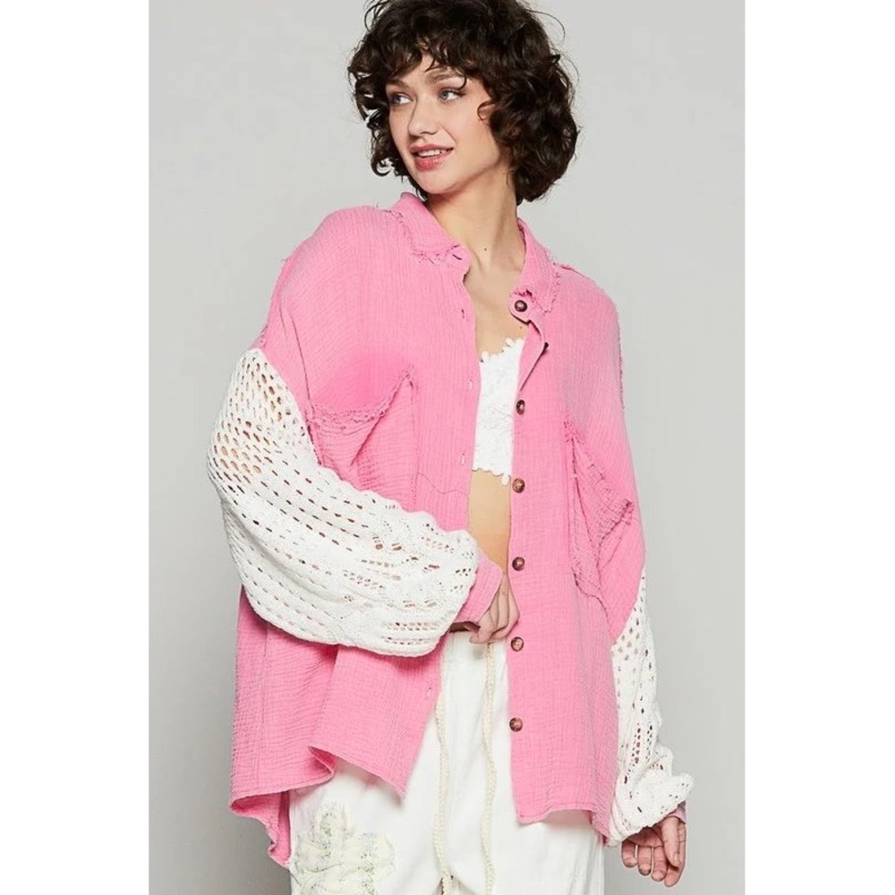 POL Pink Gauze Crochet Sleeve Button Up Shirt S Boho Costal Coquette Oversized